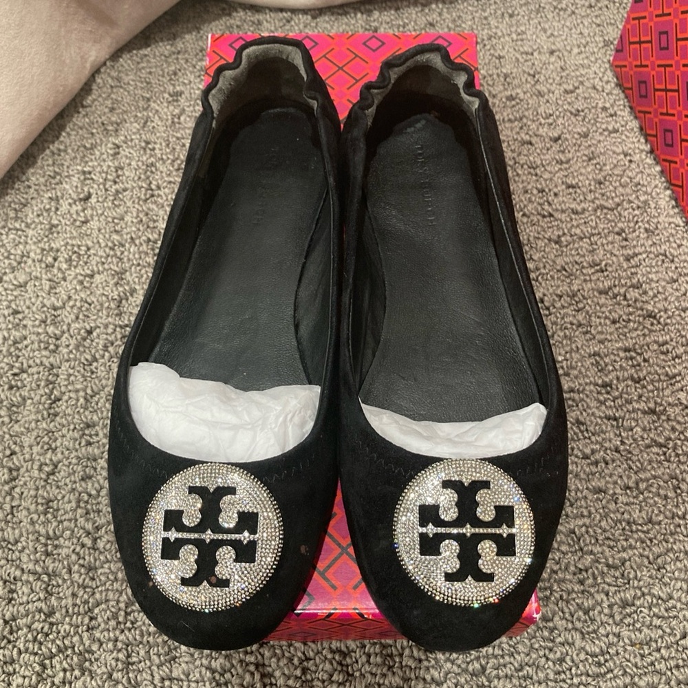 TORY BURCH Black Minnie Embellished Rhinestone Ballet Flats New in Box size 6
